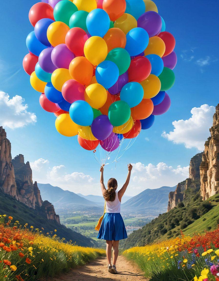 A vibrant scene depicting a person joyfully embracing life surrounded by uplifting symbols of happiness such as colorful balloons, blooming flowers, and sparkling sunlight. The background features a beautiful landscape with a rainbow and a clear blue sky, embodying positivity and freedom. Include visual elements representing the 'top 10 happiness hacks' like books and meditative poses subtly integrated into the scenery. super-realistic. bright colors. dynamic composition.