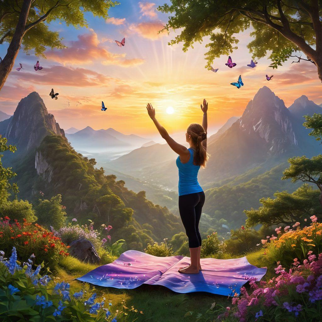 A serene landscape with a vibrant sunrise illuminating a joyful figure practicing yoga on a mountain top, surrounded by lush greenery and blooming flowers. In the foreground, colorful butterflies flutter around, symbolizing transformation and happiness. Soft beams of light breaking through the trees create a magical ambiance, inviting feelings of tranquility and contentment. super-realistic. vibrant colors. breathtaking scenery.