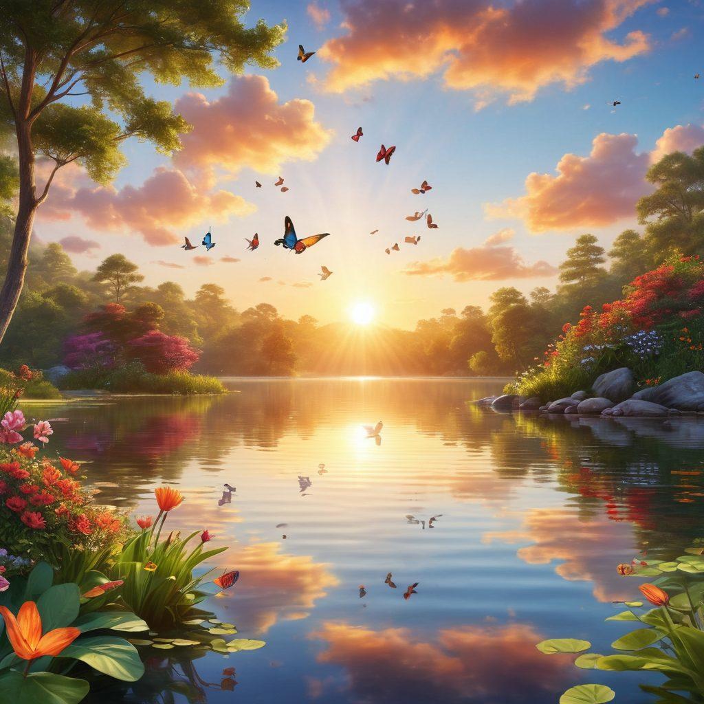 A serene landscape featuring a bright sun rising over a calm lake, symbolizing new beginnings. Include happy individuals practicing yoga by the water, surrounded by lush greenery and colorful flowers, showcasing joy and peace. Illustrate elements like vibrant butterflies and cheerful birds in the sky to enhance the blissful atmosphere. super-realistic. vibrant colors. uplifting vibe.